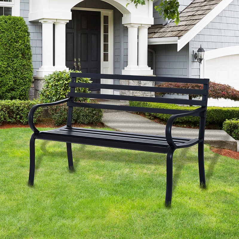 Outsunny Stylish 2 Seater Metal Garden Porch Chair Bench Stable Patio Outdoor Park Metal Bench - Black