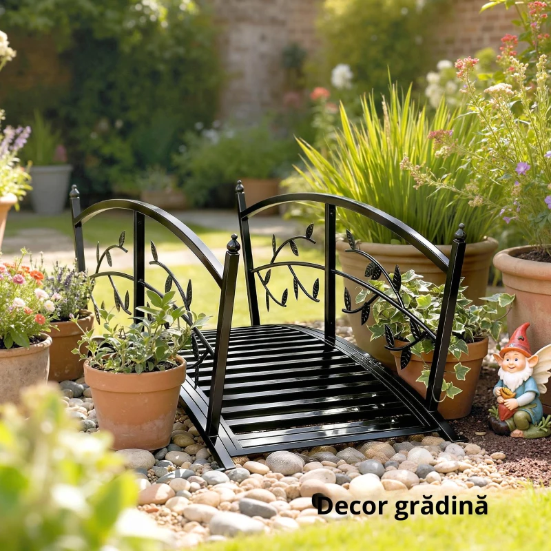 Outsunny Pod de Grădină Metalic 1,2 m Pod Decorativ pentru Iaz cu Balustrade de Siguranță și Design cu Frunze Negru