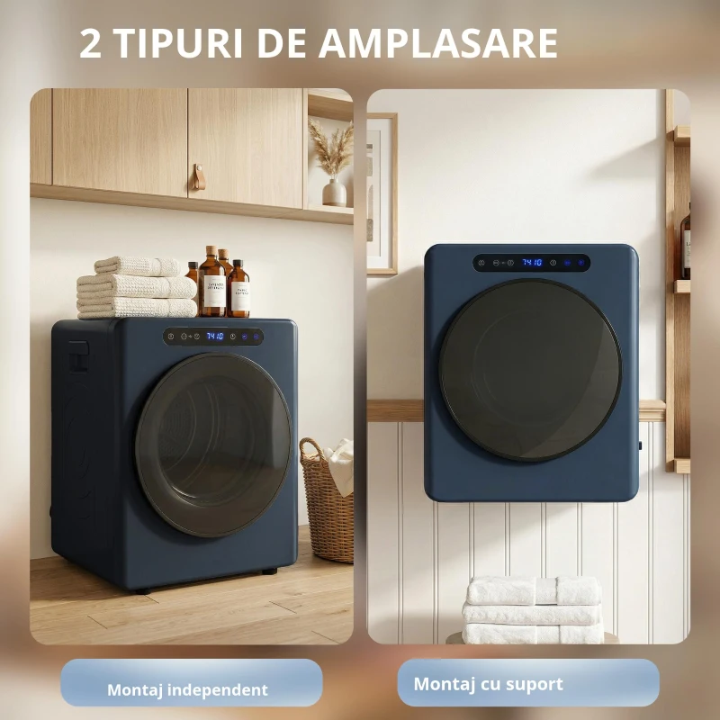 HOMCOM Uscător cu evacuare 5kg, 1000W uscător frontal compact independent cu tambur din oțel inoxidabil, timer, albastru