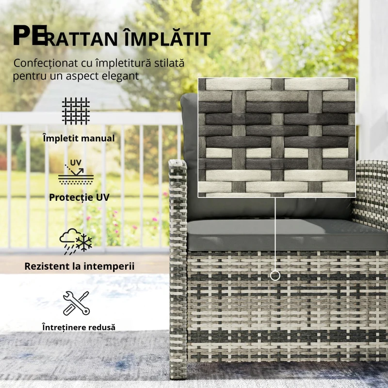 Outsunny Set mobilier exterior 3 piese din rășină împletită, masă și 2 fotolii cu perne, 62x65x75 cm, Gri deschis