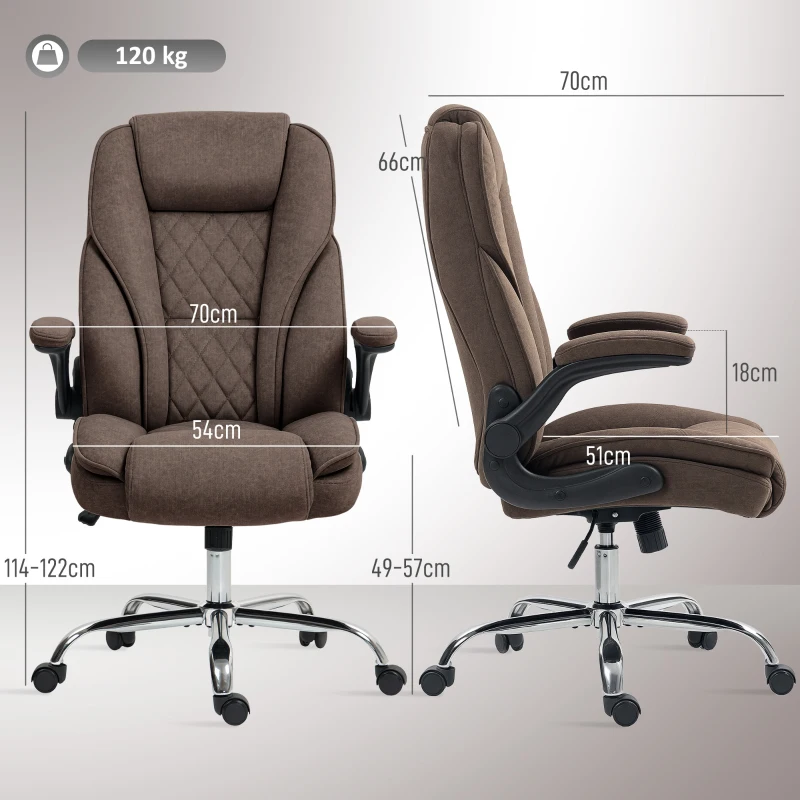 HOMCOM Fauteuil de bureau, chaise bureau ergonomique, hauteur réglable, accoudoirs relevables, 70 x 70 x 114-122 cm, marron