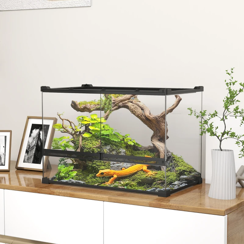 PawHut Boîte à reptiles, boîte d'élevage de reptiles, fermeture sécurisée par rotation, ventilation frontale, 50x30x35cm, noir