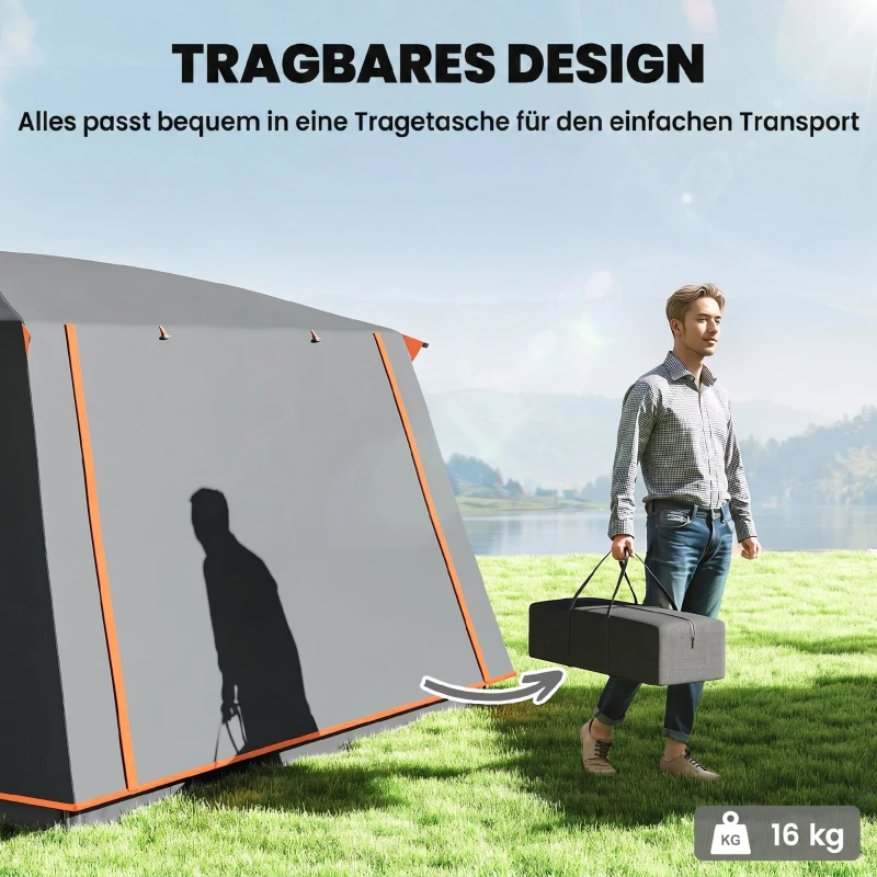 Outsunny Campingzelt für 4 Personen leicht, stabil wasserabweisend Tunnelzelt mit Vordach Bodenplane Dunkelgrau
