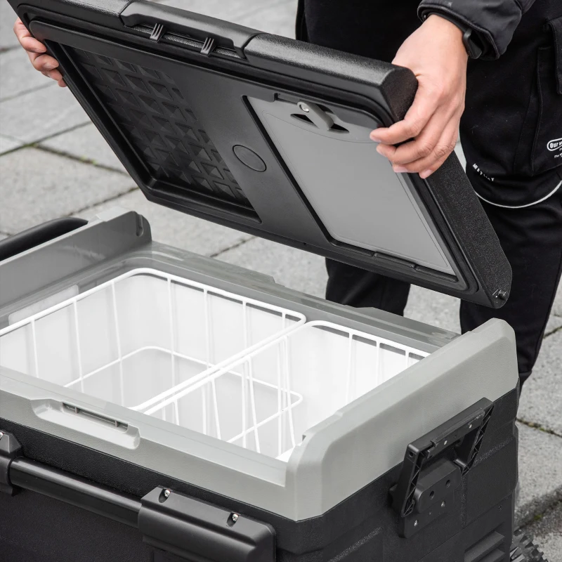 Outsunny 50L Camping Fridge, Portable Freezer Compressor Car Refrigerator with LED, Telescopic Handle, 12/24V DC 110-240V AC Electric Cool Box Down to -20℃ for Campervan RV Boat Travel Truck