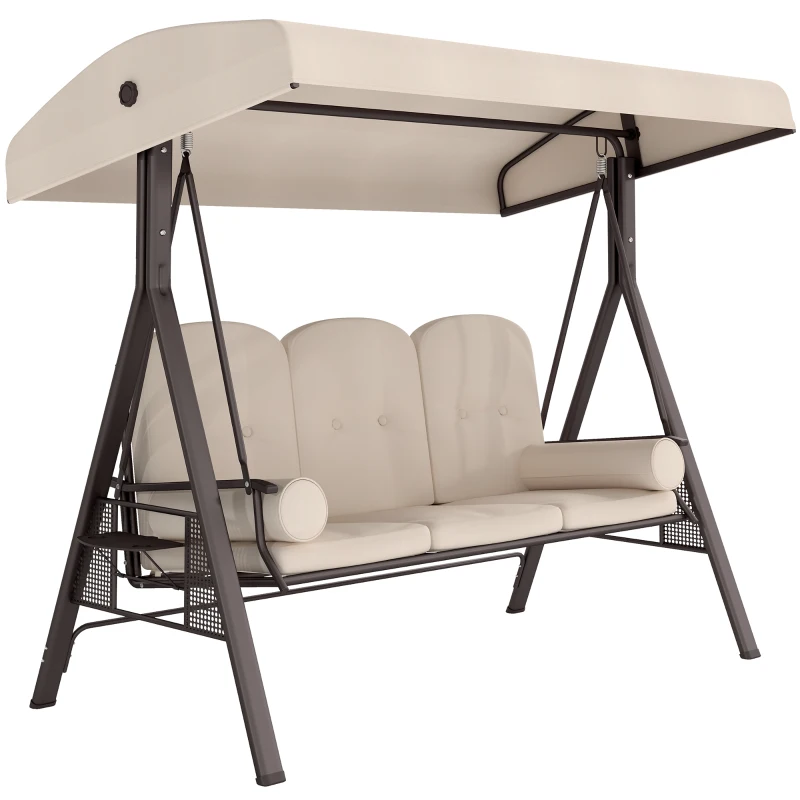 Outsunny Balancelle de Jardin 3 Places Grand Confort Toit Inclinaison réglable Coussins Plateaux rétractables 121x208x172cm beige