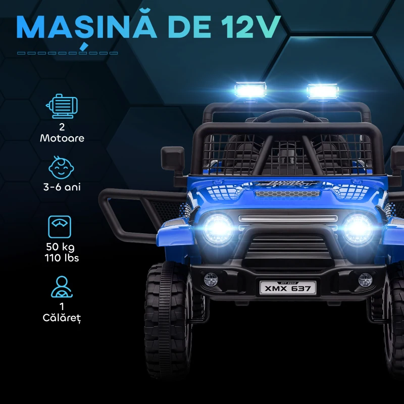 AIYAPLAY Mașină electrică pentru copii Off-Road 12V cu dublu motor, vârsta 3-6 ani, telecomandă și lumini, albastră