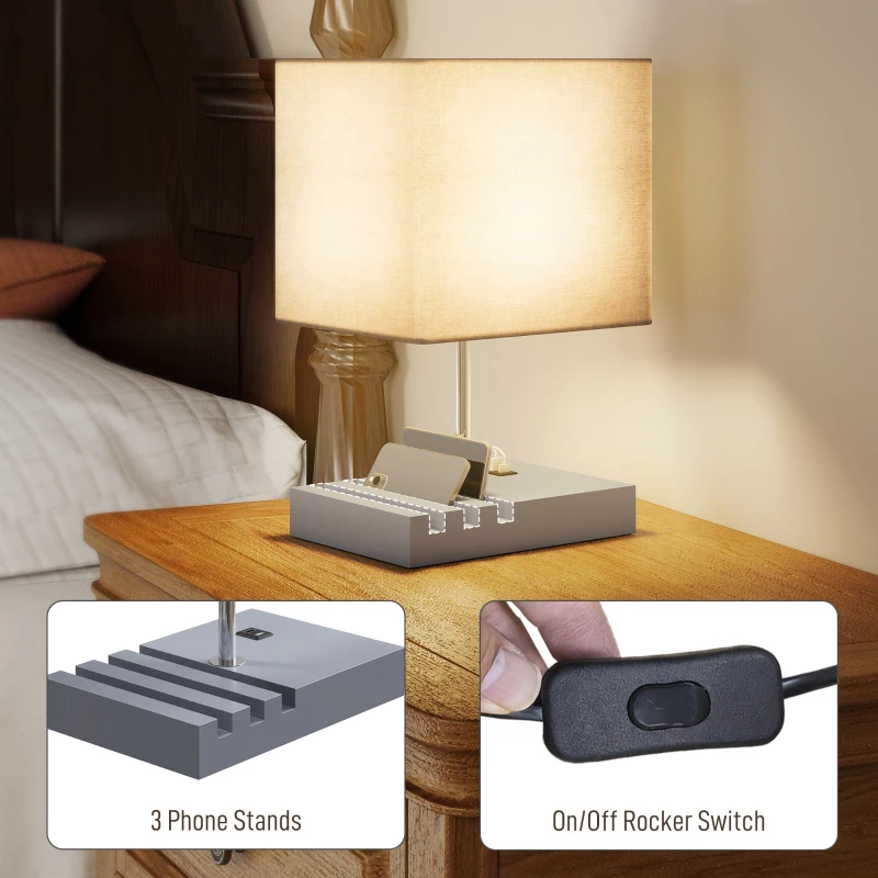 HOMCOM Bedside Lamp with USB A+C Charging Ports and 3 Phone Stands, Modern Table Lamp with Solid Wood Base and Fabric Shade for Bedroom Living Room Office, E27 Socket, Bulb Not Included, Grey