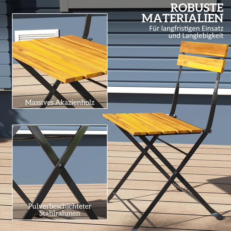 Outsunny Sitzgruppe 3 tlg. Essgruppe für 2 Personen klappbarer Esstisch mit 2 klappbare Stühle für Terrasse Balkon Teak
