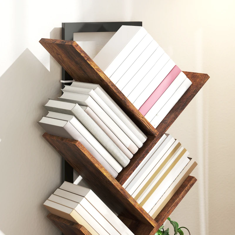 HOMCOM Bibliothèque Arbre à 9 Niveaux, Meuble de Rangement Industriel avec Cadre en Acier, 50x24x136cm, Brun Rustique