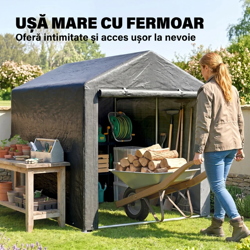Outsunny Depozit Unelte și Cort Garaj pentru Biciclete și Motociclete cu Acoperire Anti-UV, 1,6x2m, Gri Închis(m-6)