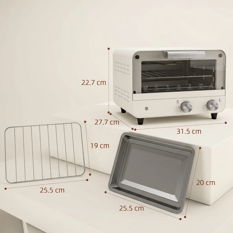 HOMCOM Mini Oven, Small Toaster Oven with Glass Door, Adjustable Temperature and Timer, Accessory Included, 750W, Cream White
