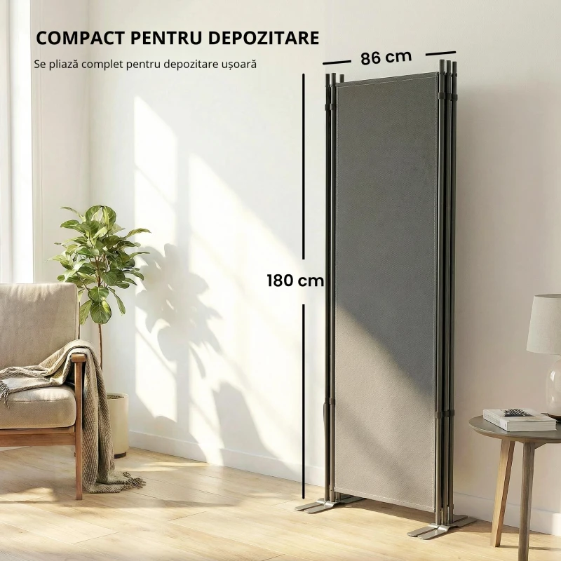 Outsunny Paravan pliabil cu 3 panouri 260x180 cm Paravan separator de încăperi cu suport metalic UPF 30+ Gri închis