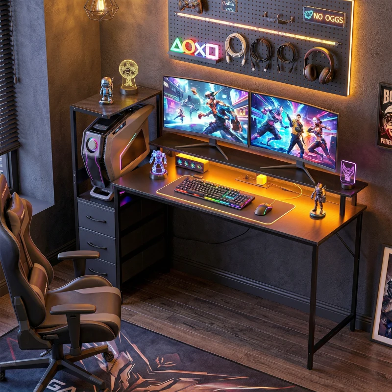 HOMCOM 147cm Gaming Desk with Charging Station and Monitor Stand, Computer Table for Home Office with RGB Lights, Black