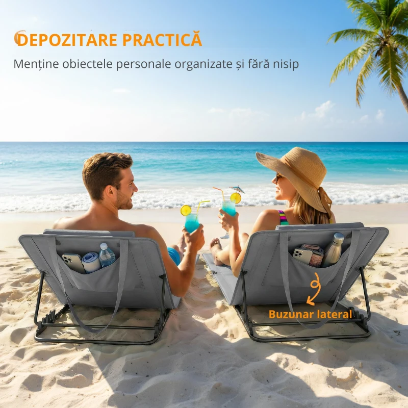 Outsunny Set de 2 șezlonguri de plajă cu spătar reglabil, pliabile și ușoare, cu pernă și buzunar de depozitare