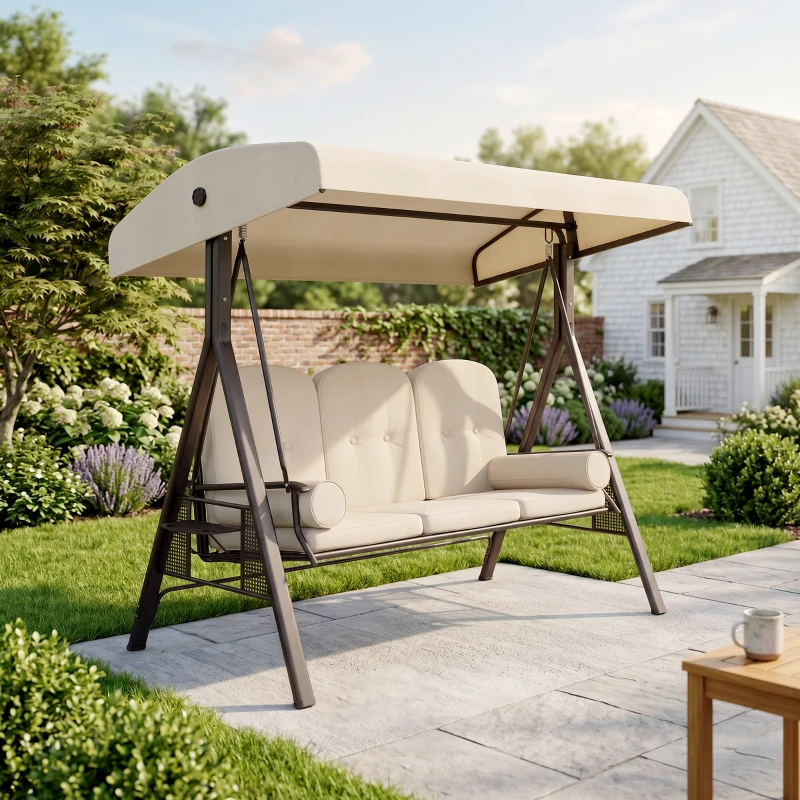 Outsunny Balancelle de Jardin 3 Places Grand Confort Toit Inclinaison réglable Coussins Plateaux rétractables 121x208x172cm beige