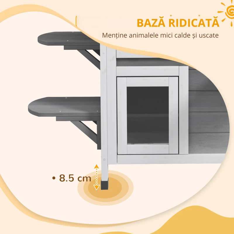 PawHut Casa de pisici din lemn cu 2 etaje rezistentă la iarnă și impermeabilă, cu acoperiș asfaltat, capac cu clapetă, scară, cuib de pisici, adăpost pentru exterior interior, grădină, balcon 78 x 55,5 x 91 cm Gri