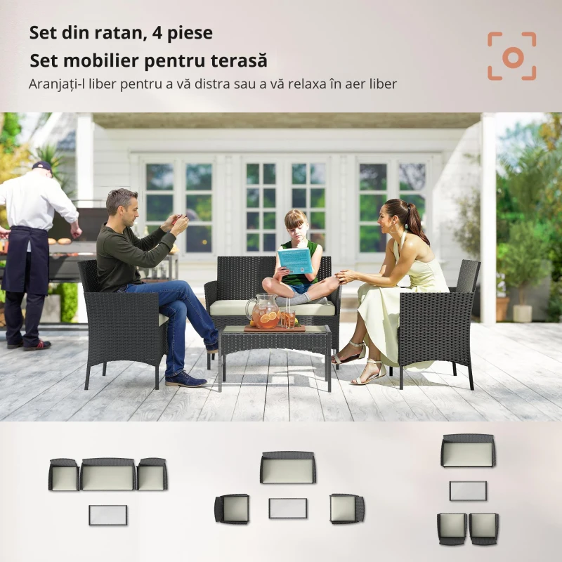 Outsunny Set Mobilier Grădină din Ratan Sintetic cu Canapea, Fotolii și Masă din Sticlă Securizată și Perne Negru și Crem