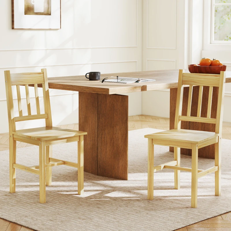 HOMCOM Juego de 2 Sillas de Comedor de Madera Sillas de Cocina con Respaldo de Listones, Asiento Amplio Madera Natural