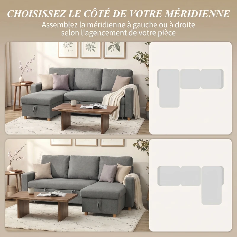 HOMCOM Canapé d'angle convertible canapé lit canapé 3 places modulable avec méridienne réversible, coffre de rangement intégré et 3 coussins de dossier, tissu aspect lin, gris