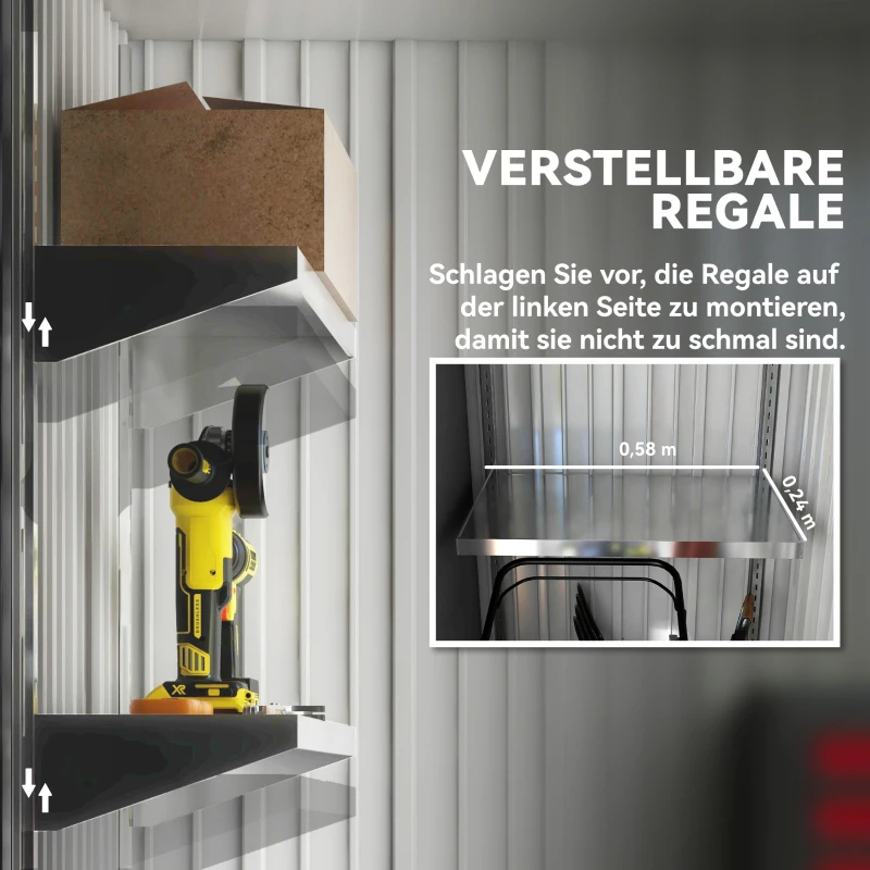 Outsunny Tuinschuur, buiten-gereedschapsschuur van golfstaal, wandontwerp, verstelbare planken, afsluitbare deur, grijs