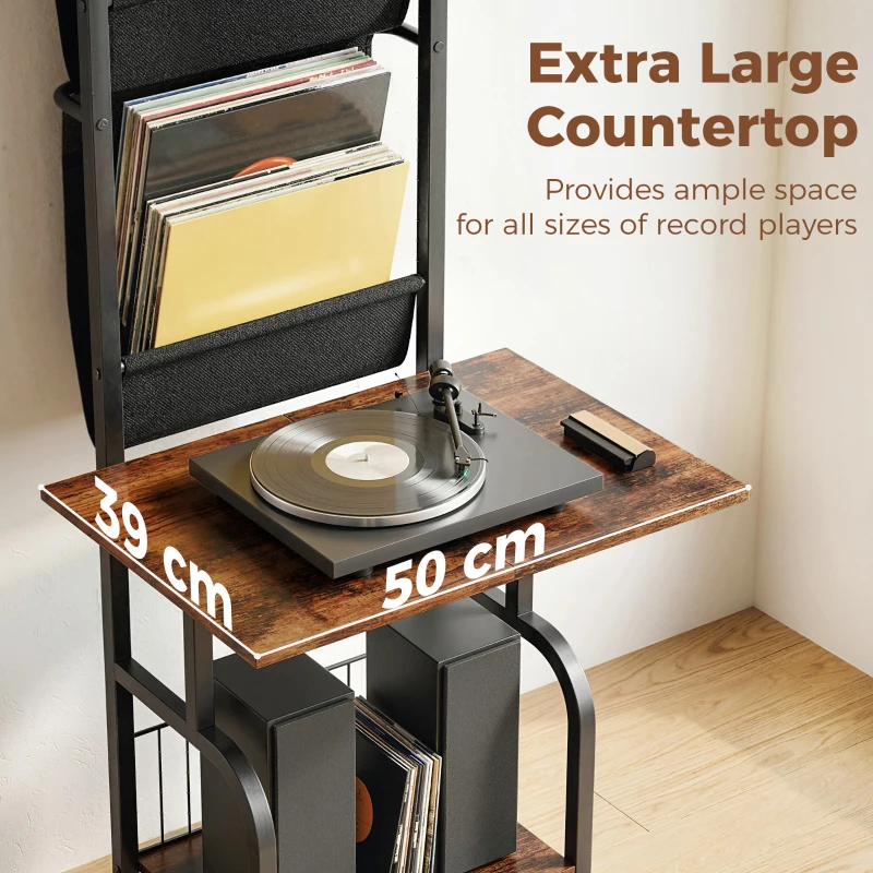 HOMCOM Vinyl Record Player Stand Record Storage with Player Stand Oxford Fabric Pockets Bottom Shelf Rustic Brown and Black