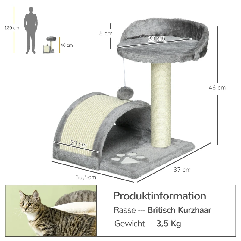 PawHut Kratzbaum 46 cm Kleiner Katzenturm mit Höhle, Spielball, Sisal-Seil, erhöhter Plattform, Katzenkratzbaum, Kletterbaum, für Katzen bis zu 4 kg, Grau