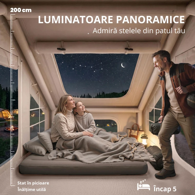 Outsunny Cort gonflabil 5–8 persoane, montare rapidă, 8000 mm impermeabil și rezistent la vânt cu pompă, racord pentru sobă, fereastră de acoperiș