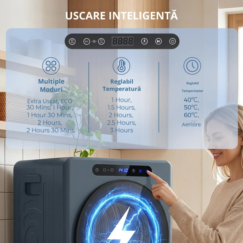 HOMCOM Uscător cu evacuare 5kg, 1000W uscător frontal compact independent cu tambur din oțel inoxidabil, timer, albastru