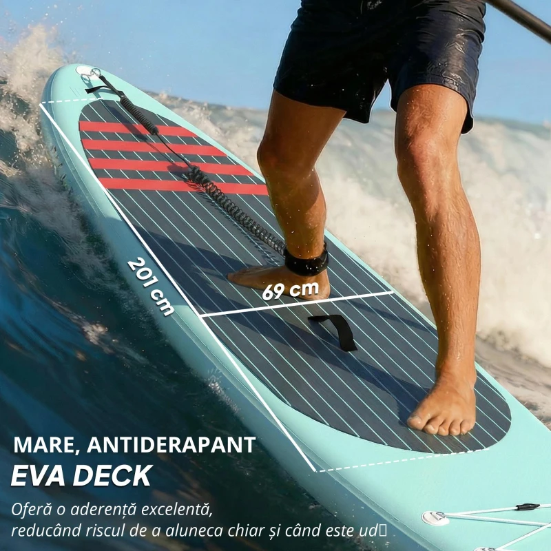 Outsunny Placă de Paddle Surf Gonflabilă 320 cm, cu Suprafață Antiderapantă, Vâslă Reglabilă din Aluminiu, Aripioară, Pompă și Rucsac