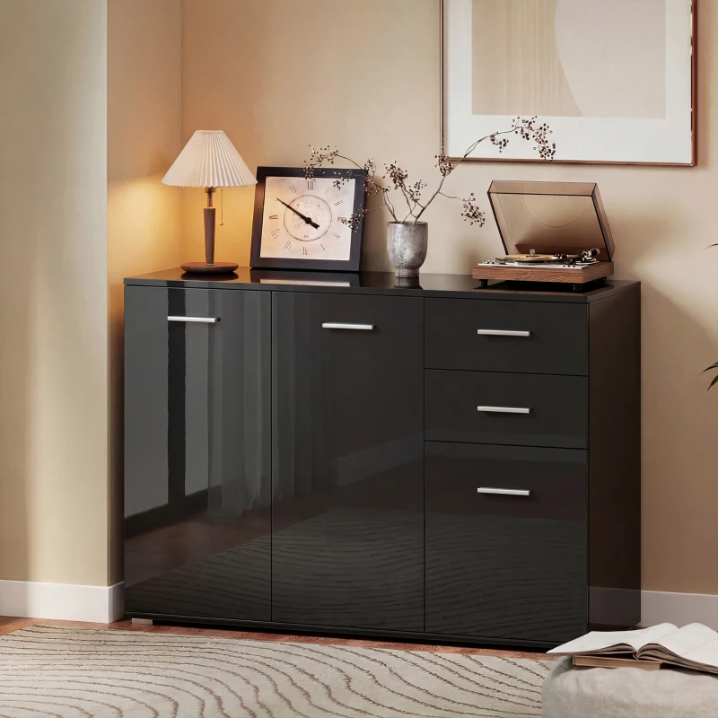 HOMCOM Sideboard, Modern Storage Cabinet with 2 Drawers, 3 Doors and Adjustable Shelves, High Gloss Black