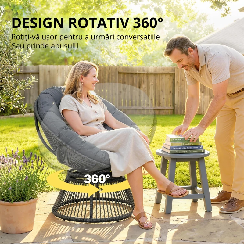 Outsunny Scaun Papasan rotativ 360° Fotoliu din coș cu pernă Cadru din oțel Fotoliu rotund din ratan Loungesessel Gri