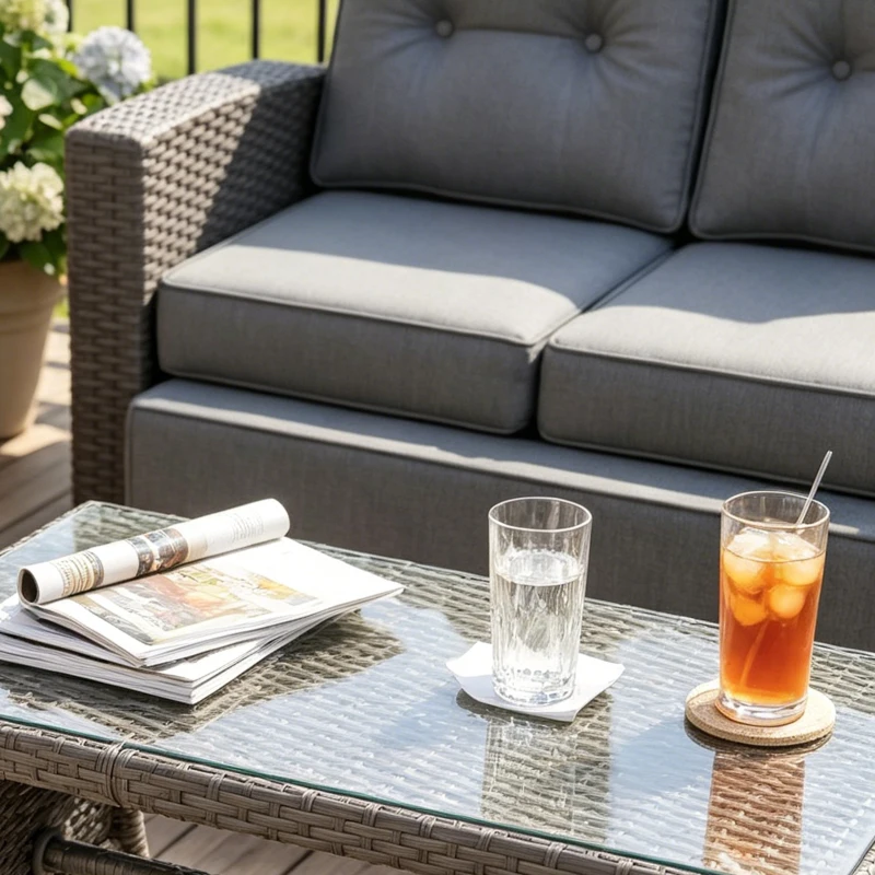 Outsunny 4 Piece Rattan Garden Furniture Set Outdoor Sofa Sectional Set with Glass Top Table for Poolside, Grey