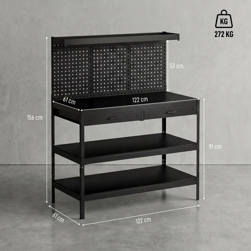 HOMCOM Établi d'Atelier, Charge Max. 272 kg, 122x61x156 cm, Panneau Perforé, 2 Tiroirs et 2 Étagères Réglables, Noir