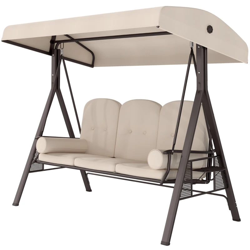 Outsunny Balancelle de Jardin 3 Places Grand Confort Toit Inclinaison réglable Coussins Plateaux rétractables 121x208x172cm beige
