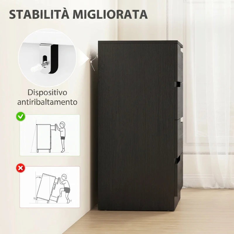HOMCOM Cassettiera 4 Cassetti Moderna e Minimal in Legno, 60x40x85 cm, Nero Lucido