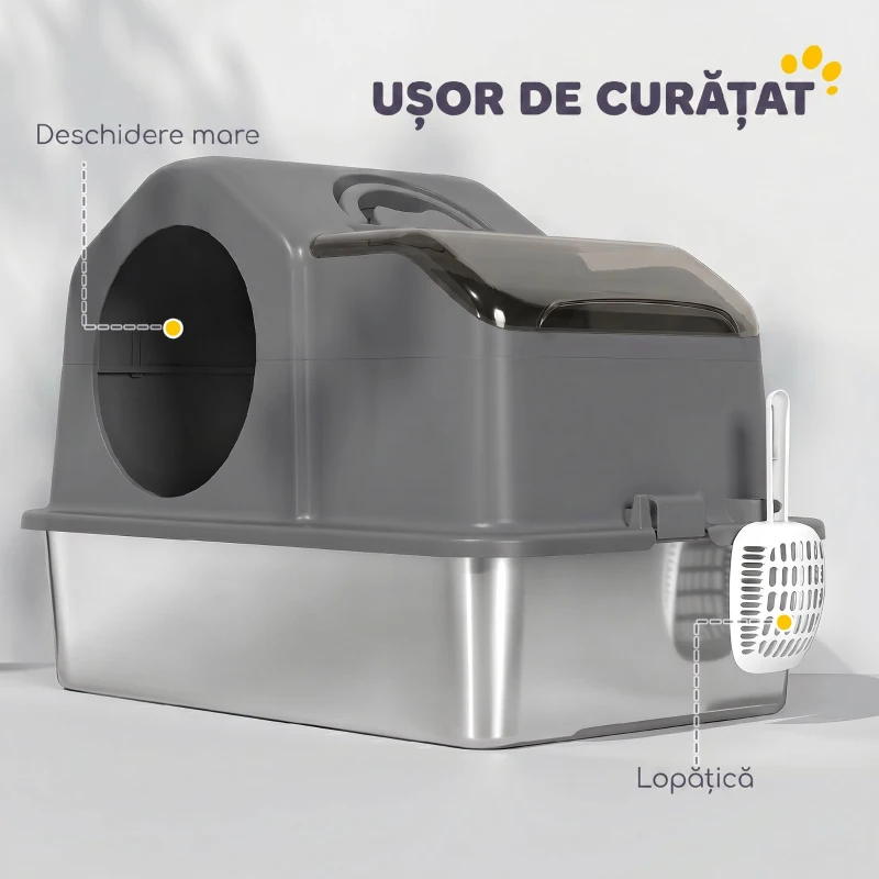 PawHut Litieră Pisici XL Închisă din Oțel Inoxidabil cu Capac, Paletă și Covoraș Colector Nisip, Gri Închis
