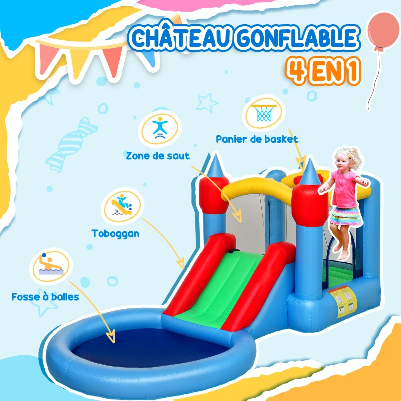 AIYAPLAY Château gonflable 4 en 1 avec toboggan, panier de basket, piscine à balles, souffleur 370W, 415 x 205 x 190 cm