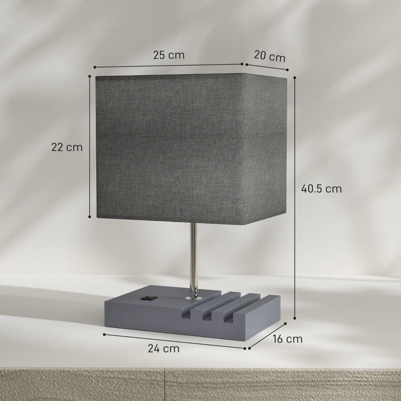 HOMCOM Bedside Lamp with USB A+C Charging Ports and 3 Phone Stands, Modern Table Lamp with Solid Wood Base and Fabric Shade for Bedroom Living Room Office, E27 Socket, Bulb Not Included, Grey
