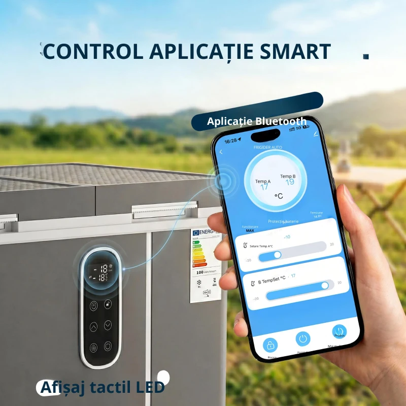 Outsunny Frigider portabil electric cu compresor 35L, zonă dublă, control prin app, lumină LED, ecran, pentru mașină și camping, negru