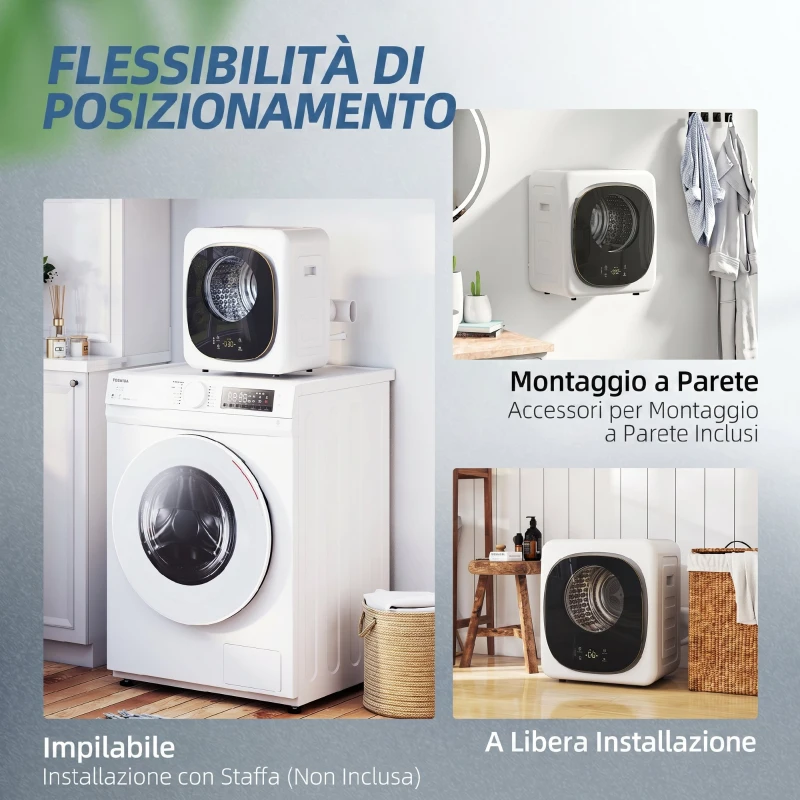 HOMCOM Mini Asciugatrice Portatile 4 kg, 5 Programmi, 800W, Fino 60℃, Timer, Tamburo in Acciaio Inox, per Casa, Bianco