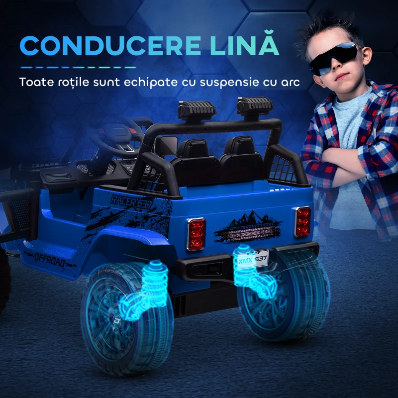 AIYAPLAY Mașină electrică pentru copii Off-Road 12V cu dublu motor, vârsta 3-6 ani, telecomandă și lumini, albastră