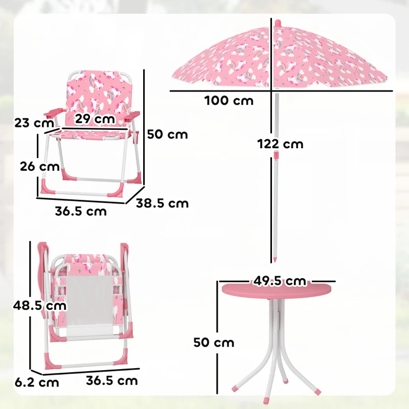 AIYAPLAY Kids Patio Table and Chair Set, Kids Garden Furniture with Umbrella, 4-Piece Bistro Set for Garden, Pink