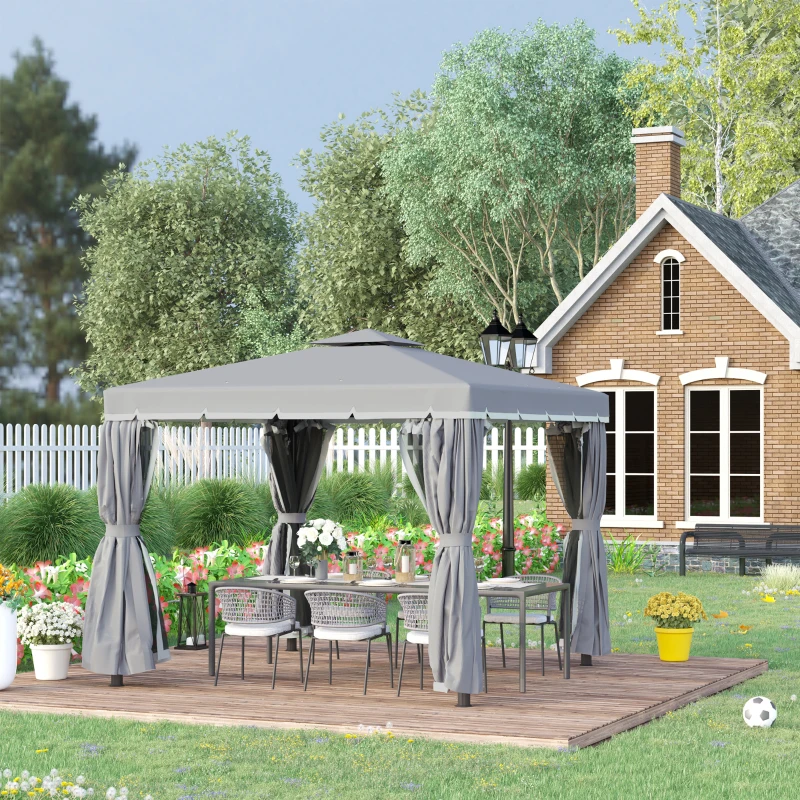Outsunny Gartenpavillon Pavillon 2,96 x 2,96 m Gartenzelt mit Doppeldach Festzelt Partyzelt mit 4 x Seitenteile Moskitonetz wetterfest Aluminium Polyester Dunkelgrau