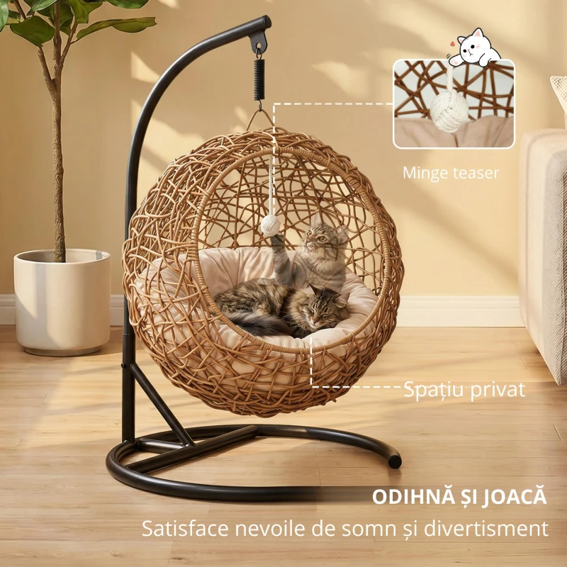 PawHut Pat împletit pentru pisici, Casă înaltă din rattan pentru pisici cu pernă lavabilă și bilă de joacă, Ascunzătoare pentru interior pentru pisici