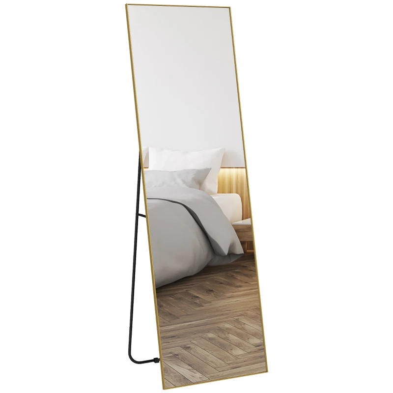 HOMCOM Grand miroir pleine longueur rectangulaire, 50 x 160 cm, miroir sur pied, mural ou pocé contre mur, doré