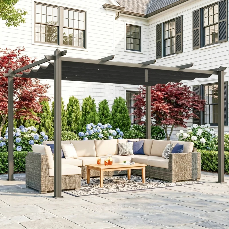 Outsunny Pergola Gazebo 4x3 m con 8 Fori di Drenaggio, in Alluminio, Metallo e Poliestere, Grigio Scuro