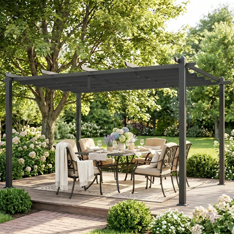 Outsunny Pergola Gazebo 4x3 m con 8 Fori di Drenaggio, in Alluminio, Metallo e Poliestere, Grigio Scuro