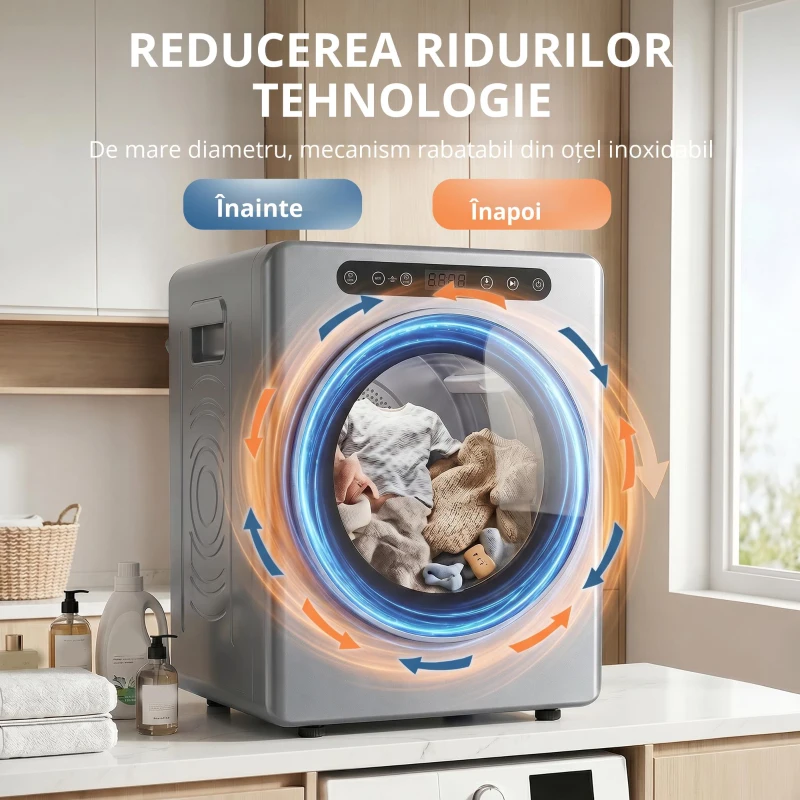 HOMCOM Uscător cu evacuare 5kg, uscător compact independent tip încărcare frontală 1000W cu tambur din oțel inoxidabil, timer, argintiu