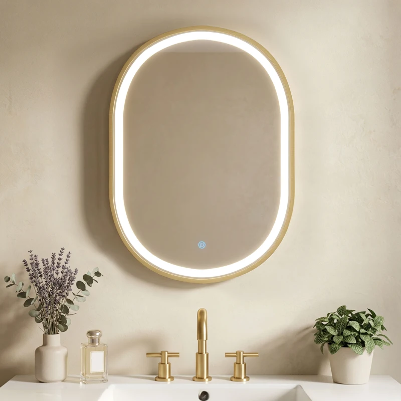 HOMCOM Armoire murale salle de bain avec miroir et éclairage LED, porte ovale, anti-buée, 50x14,5x70cm, doré