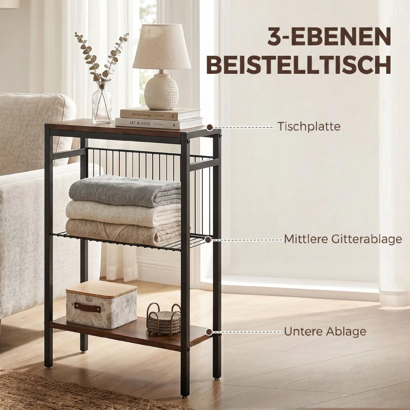 HOMCOM Bijzettafel met 3 planken, kleine nachttafel met metalen frame, rustiek bruin voor de woonkamer
